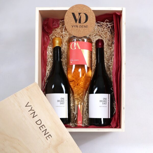 The Crouch Valley Connoisseurs Box - One Degree East Chardonnay, Vyn Dene Coral Rosé and One Degree East Pinot Noir in a wooden gift box